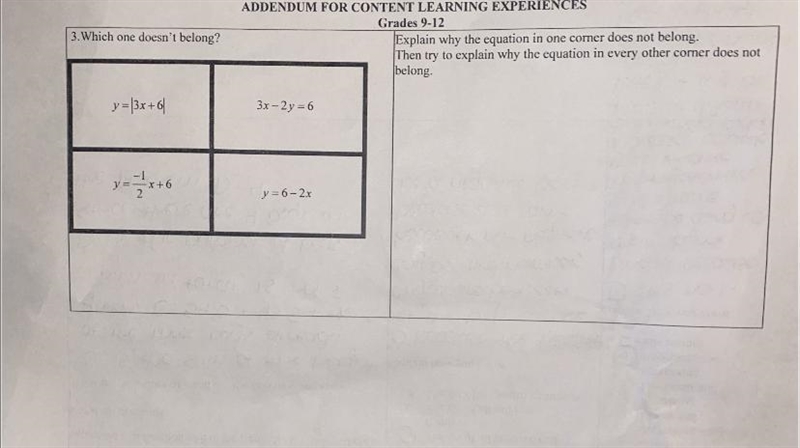 Which one doesn’t belong? Explain why the equation in one corner does not belong. Then-example-1