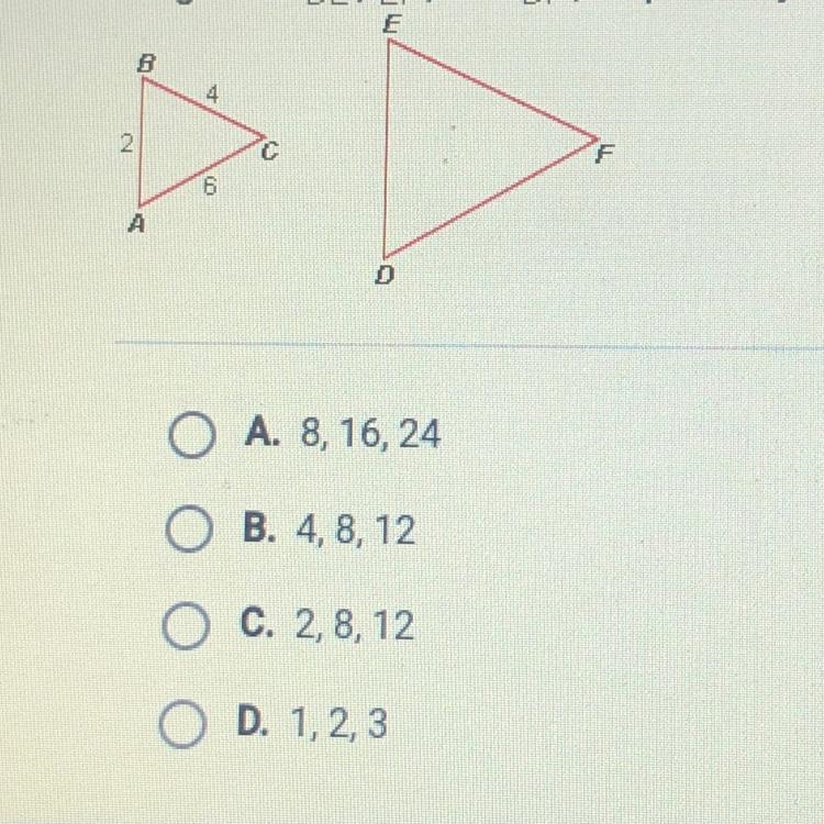 If ABC ~ DEF and the scale factor from ABC to DEF is 2 , what are the lengths of DE-example-1