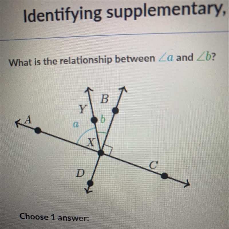 What is the relationship between A: Vertical angles B: Complementary angles C: Supplementary-example-1