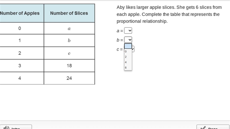 Aby likes larger apple slices. She gets 6 slices from each apple. Complete the table-example-2