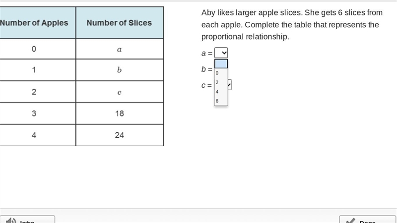 Aby likes larger apple slices. She gets 6 slices from each apple. Complete the table-example-3