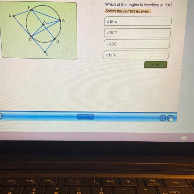 Which of the angles is inscribed in •X ?-example-1