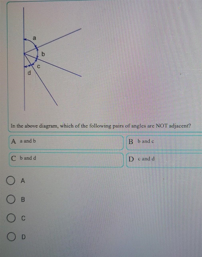 In the above diagram, which of the following pairs of angles are NOT adjacent? ​-example-1