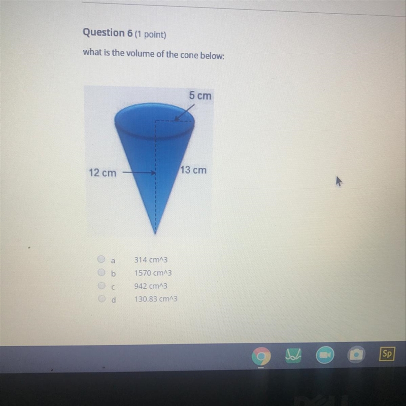 What is the volume of the cone below:-example-1