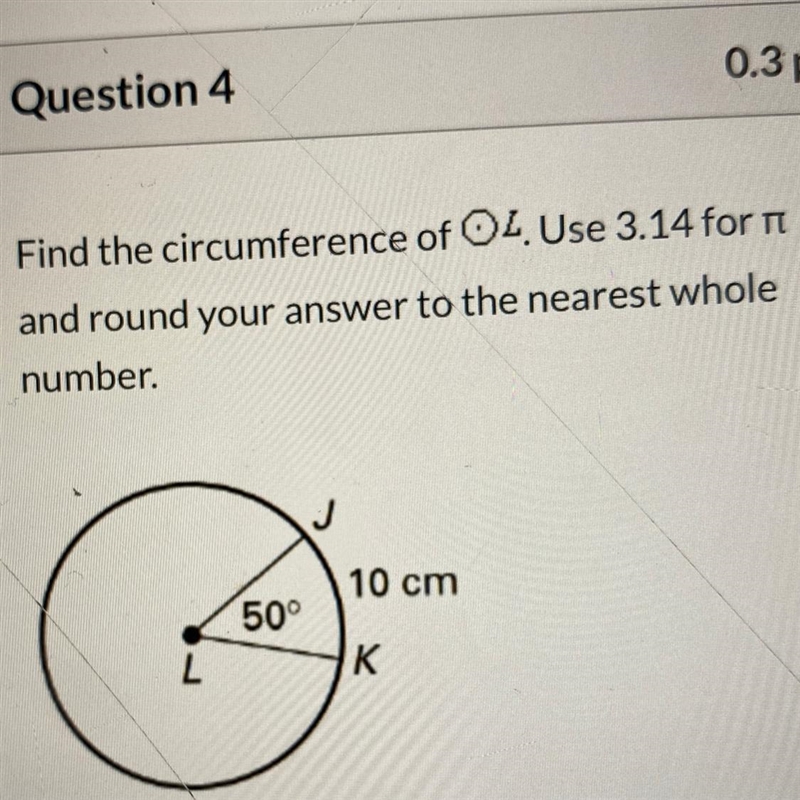 Find the circumference of OL. Use 3.14 for n and round your answer to the nearest-example-1