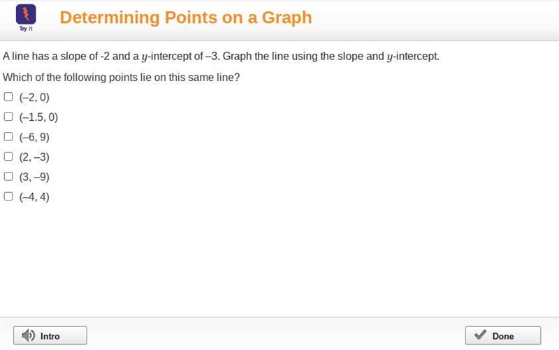 A line has a slope of -2 and a y-intercept of –3. Graph the line using the slope and-example-1