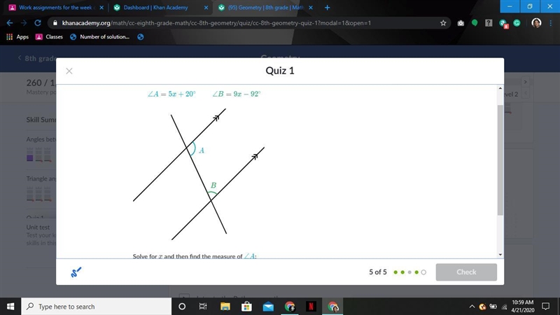 Solve for x and then find the measure of A-example-1