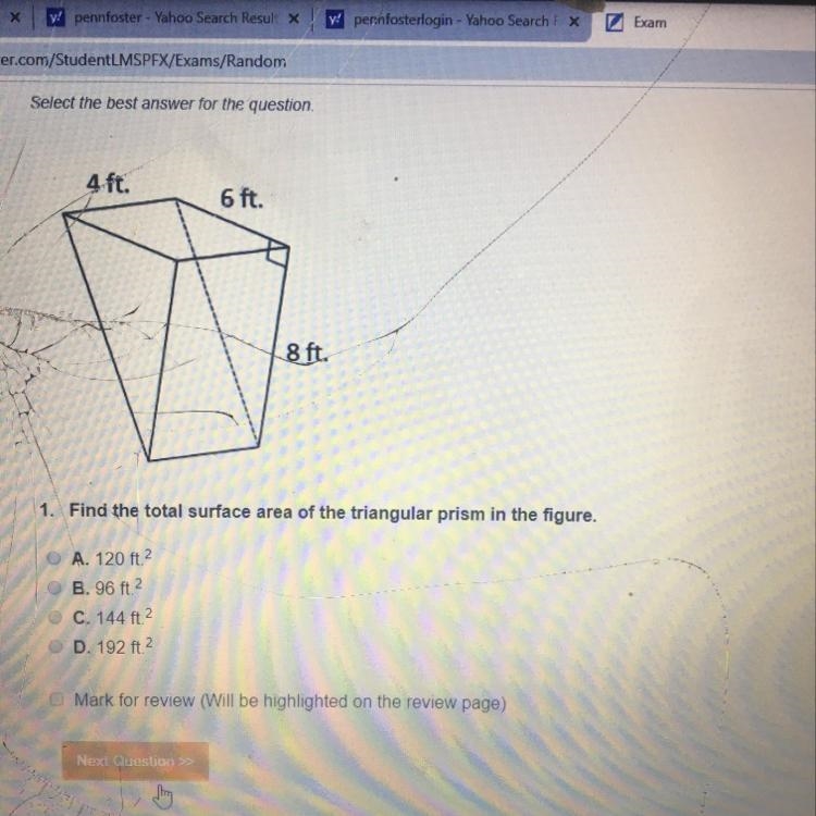 4 ft. 6 ft. 1. Find the total surface area of the triangular prism in the figure. A-example-1