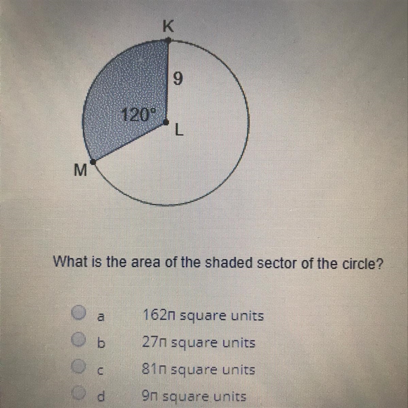 What is the area of the shaded sector of the circle? 162n square units 27n square-example-1