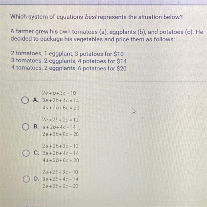 Which system of equations best represents the situation below? A farmer grew his own-example-1