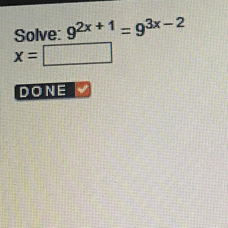 Solve: 9^2x + 1 = 9^3x - 2 x=-example-1