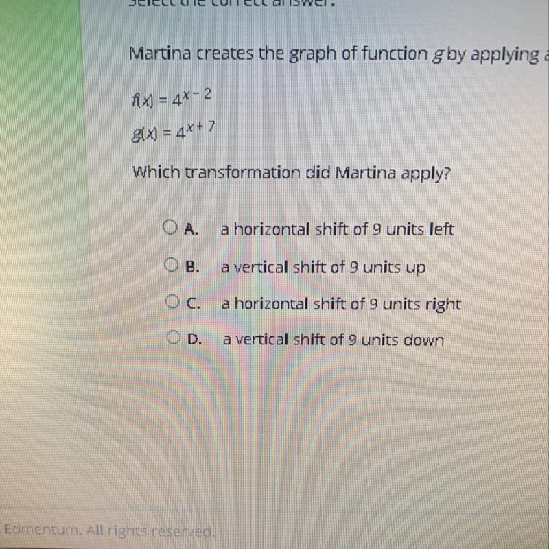 Martina creates the graph of function g by applying a transformation to function f-example-1