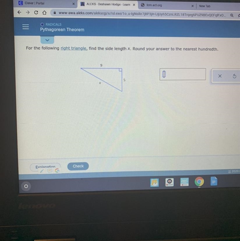 For the following right triangle , find the side length X. Round your answer to the-example-1