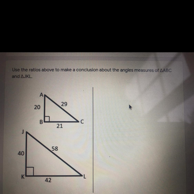 Use the ratios above to make a conclusion about the angles measures of triangle ABC-example-1