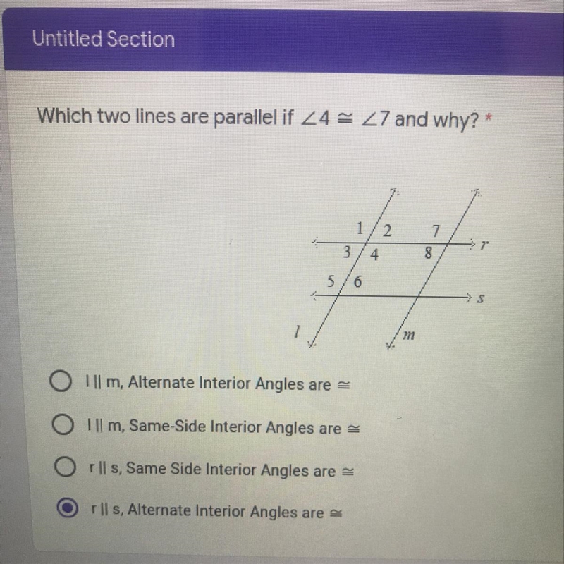 Which two lines are parallel if 4 congruent 7 and why?-example-1