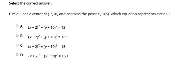 Circle C has a center at (-2,10) and contains the point P(10,5). Which equation represents-example-1