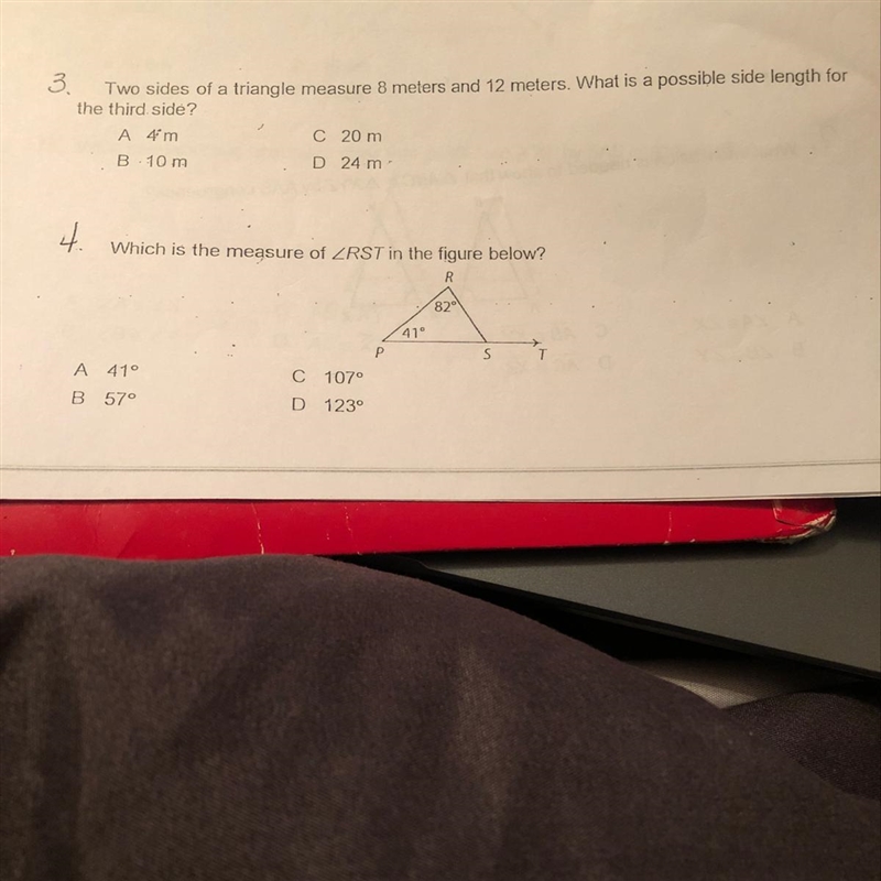 Two sides of a triangle measure 8 meters and 12 meters. What is a possible side length-example-1