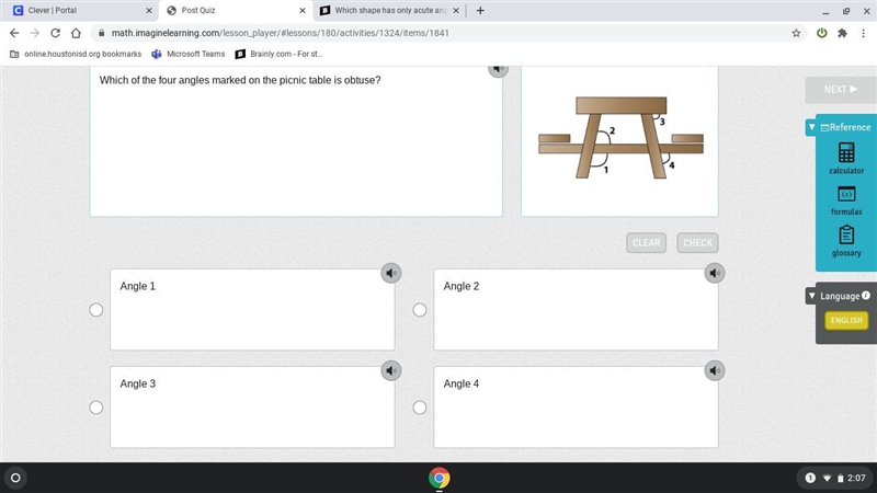 Which of the four angles marked on the picnic table is obtuse?-example-1