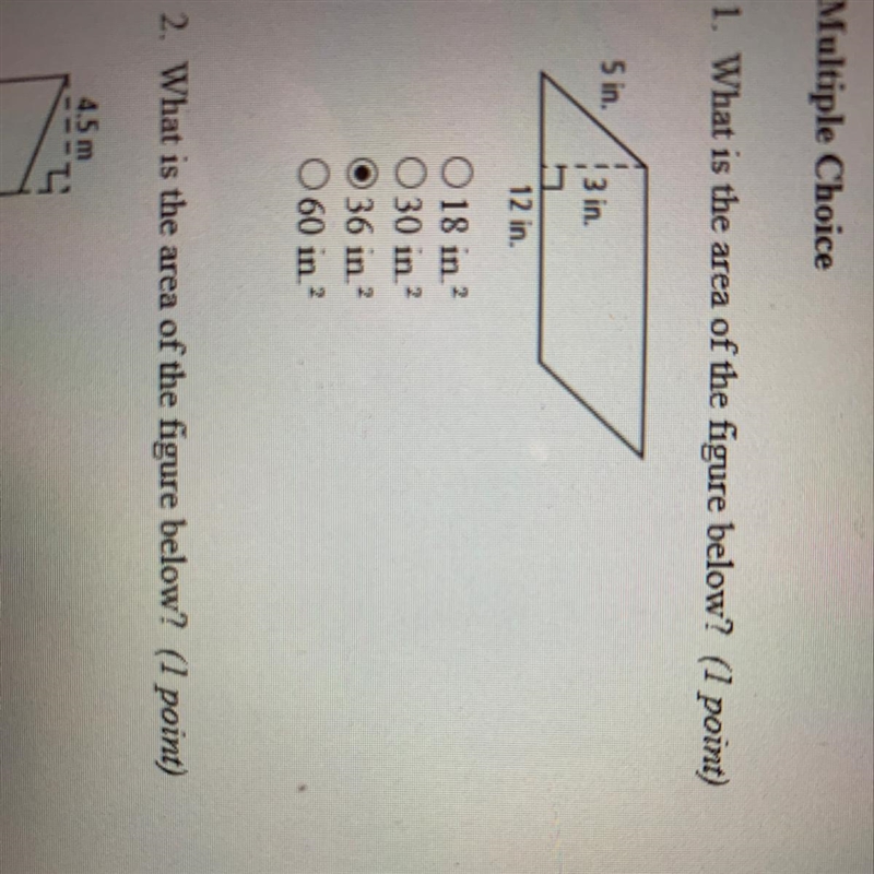 PLEASE ANSWER FAST! 1. What is the area of the figure below? (1 point) A) 18 in sqrt-example-1