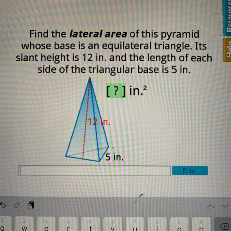 Find the lateral area of this pyramid whose base is an equilateral triangle. Its slant-example-1