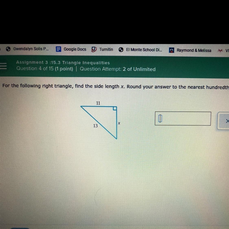 For the following right triangle, find the side length x. Round your answer to the-example-1