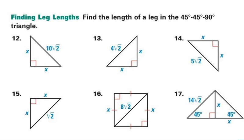 Finding Leg Lengths. Find the length of a leg in the 45°-45°-90° triangle.-example-1