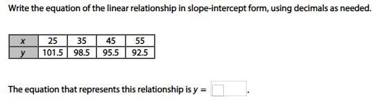 Write the equation of the linear relationship in slope-intercept form, using decimals-example-1