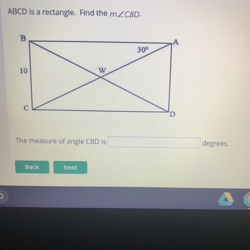 ABCD is a rectangle. Find the measure of angle CBD.-example-1