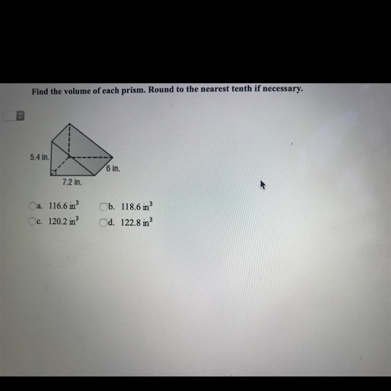 Find the volume of each prism. Round to the nearest tenth if necessary. (Please give-example-1