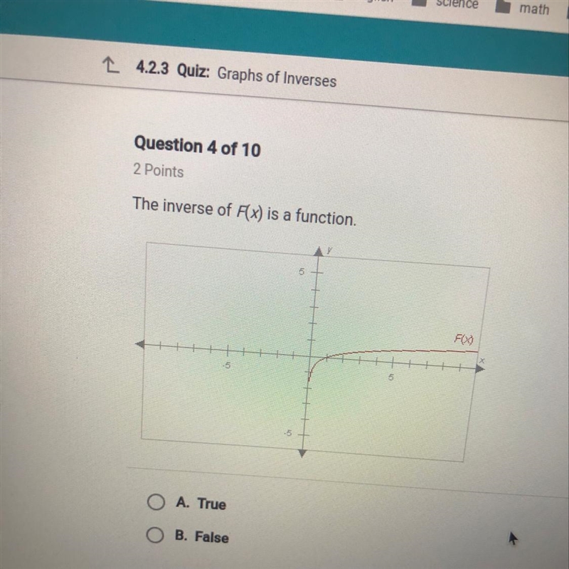 The inverse of Fx) is a function. A. True B. False-example-1