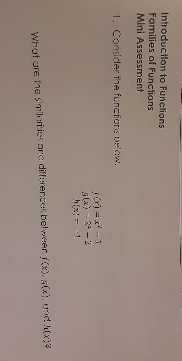 Introduction to Functions Families of Functions Mini Assessment 1. Consider the functions-example-1