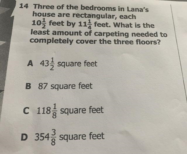 Three of the bedrooms in Lana’s house are rectangular, each 101/2 feet by 111/4 feet-example-1