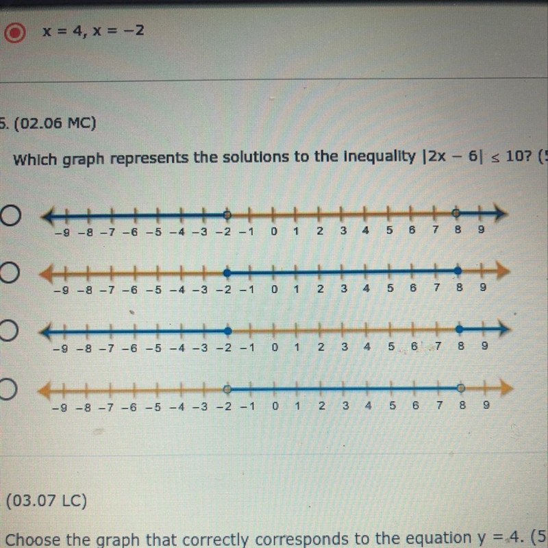 PLEASE HELP!!! Which graph represents the solutions to the inequality |2x - 6| &lt-example-1