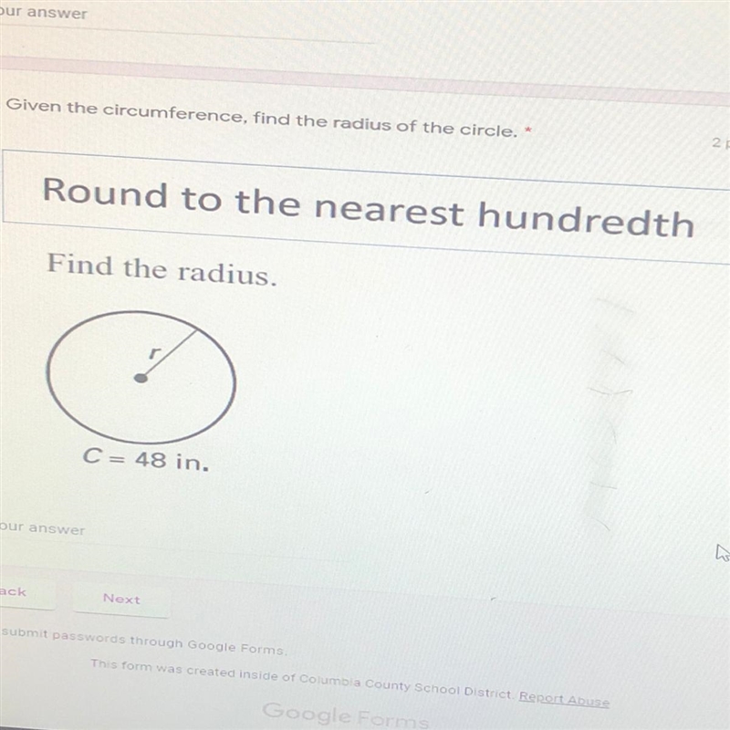 Given the circumference, find the radius of the circle.-example-1