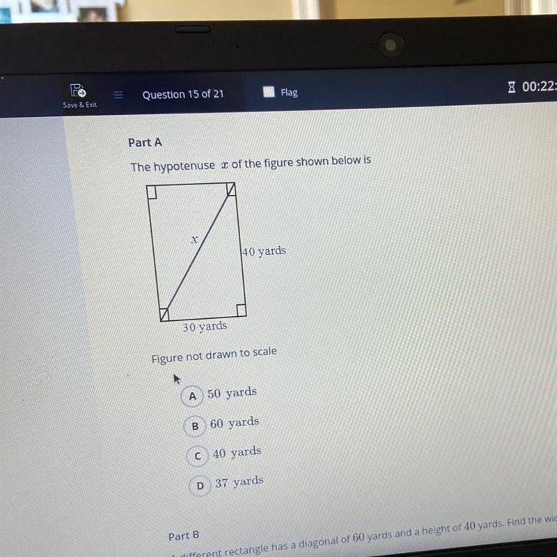 The hypotenuse z of the figure shown below 40 yards 30 yards-example-1