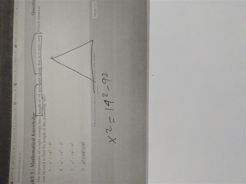 The hypotenuse of a right triangle has a length of 14 units and a side that is 9 units-example-1