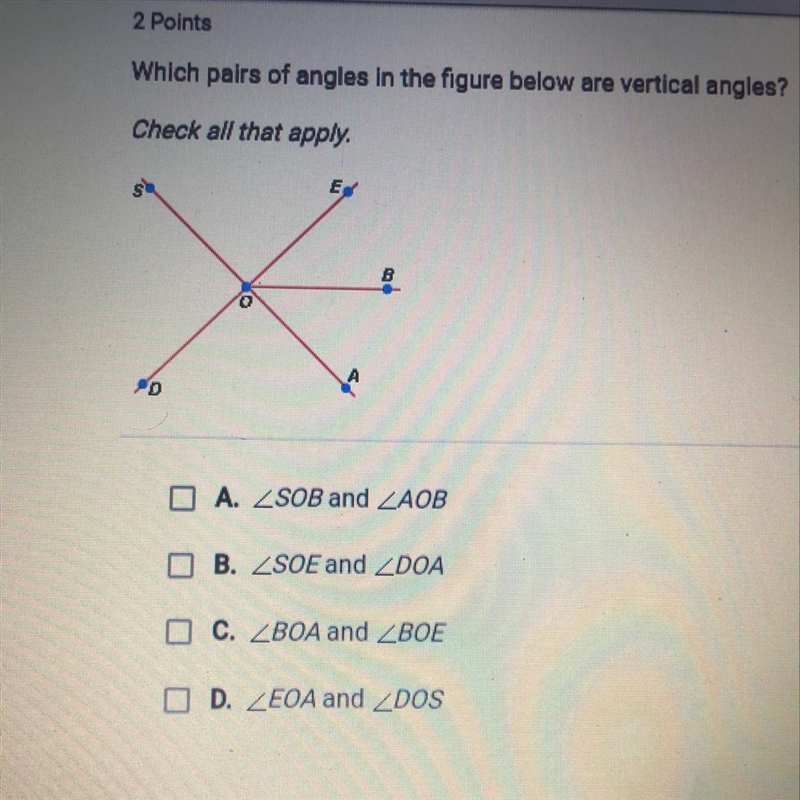 Which pairs of angles in the figure below are vertical angles? Check all that apply-example-1