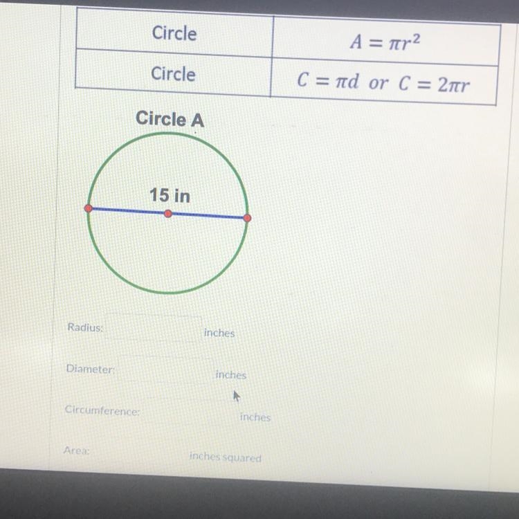 NEED ALL THE ANSWERS FOR THE RADIUS , diameter , circumference , and area of this-example-1