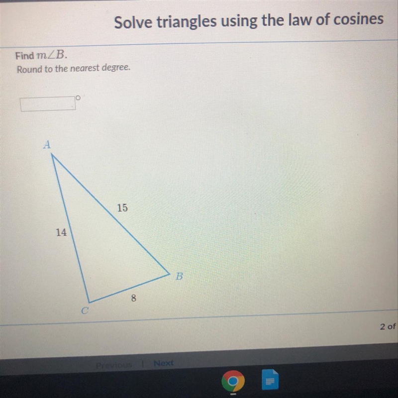 Solve triangles using the law of cosines Find m angleB. Round to the nearest degree-example-1