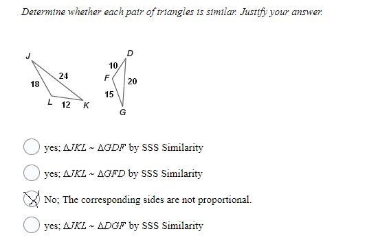 HELP!! PLEASE... ANSWER 5. Determine whether each pair of triangles is similar. Justify-example-1