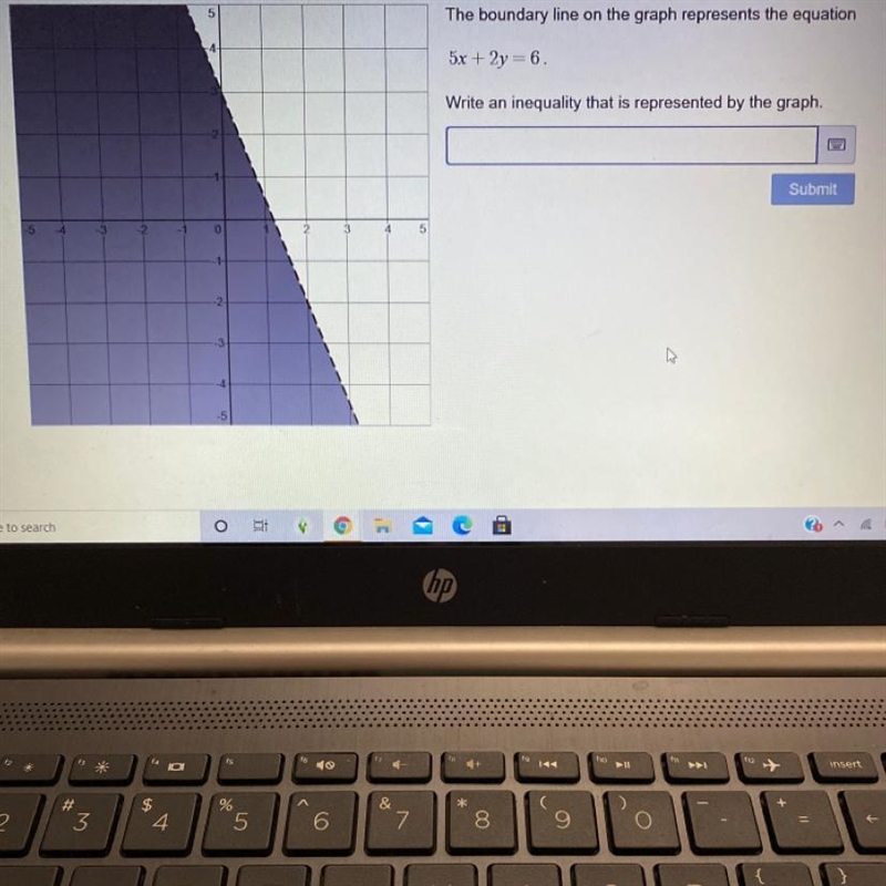 The boundary line on the graph represents the equation 5x + 2y= 6. Write an inequality-example-1