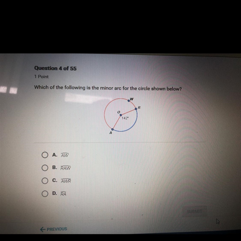 Which of the following is the minor arc for the circle shown below?-example-1