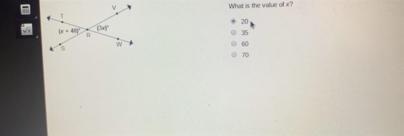 What is the value of x? 20,35,60or70-example-1