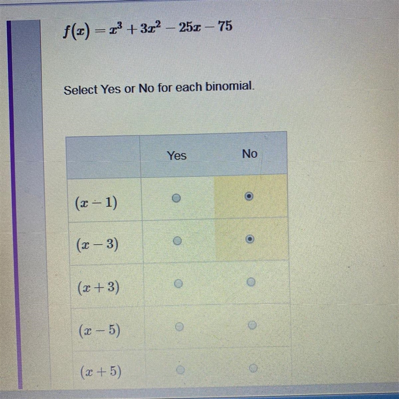 Is the binomial a factor of the polynomial nominal function? Select Yes or No for-example-1