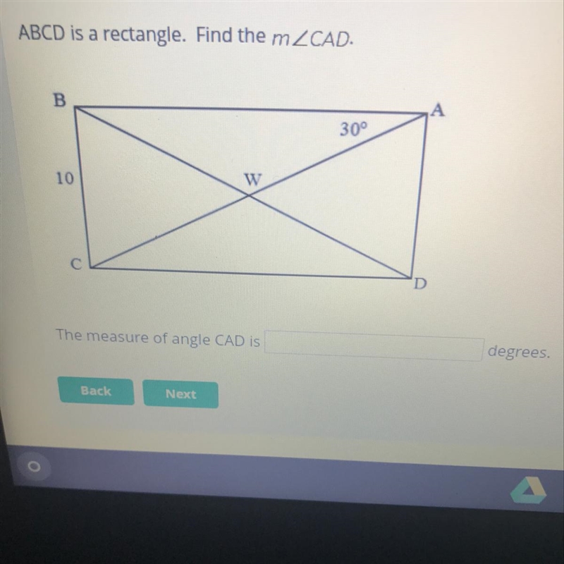 ABCD is a rectangle. Find the measure of angle CAD-example-1