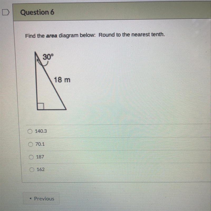 Find the area diagram below: Round to the nearest tenth. 30° 18m 1403 70.1 187 12-example-1