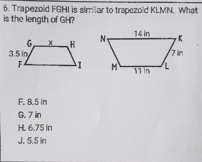 6. Trapezoid FGHI is similar to trapezoid KLMN. What is the length of GH?​-example-1