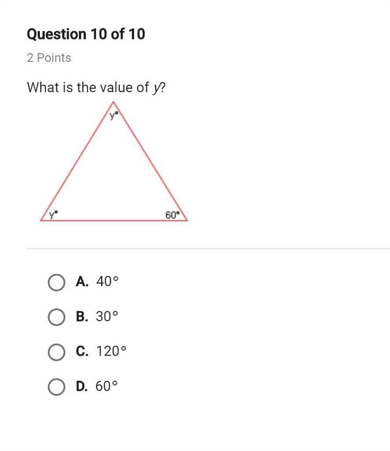 What is the value of y? A. 40° B. 30° C. 120° D. 60°-example-1