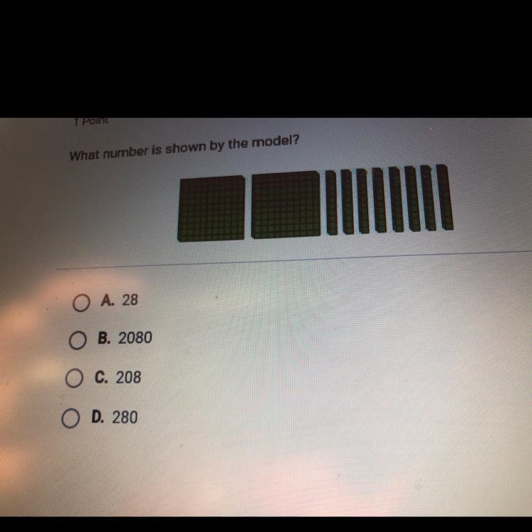 What number is shown by the model? A. 28 B. 2080 C. 208 o D. 280-example-1