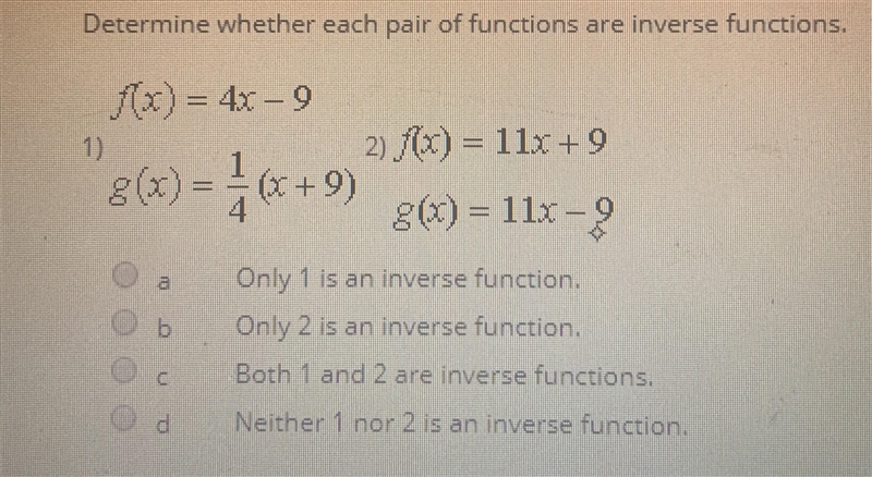 Determine whether each pair of functions are inverse functions. Picture attached.-example-1